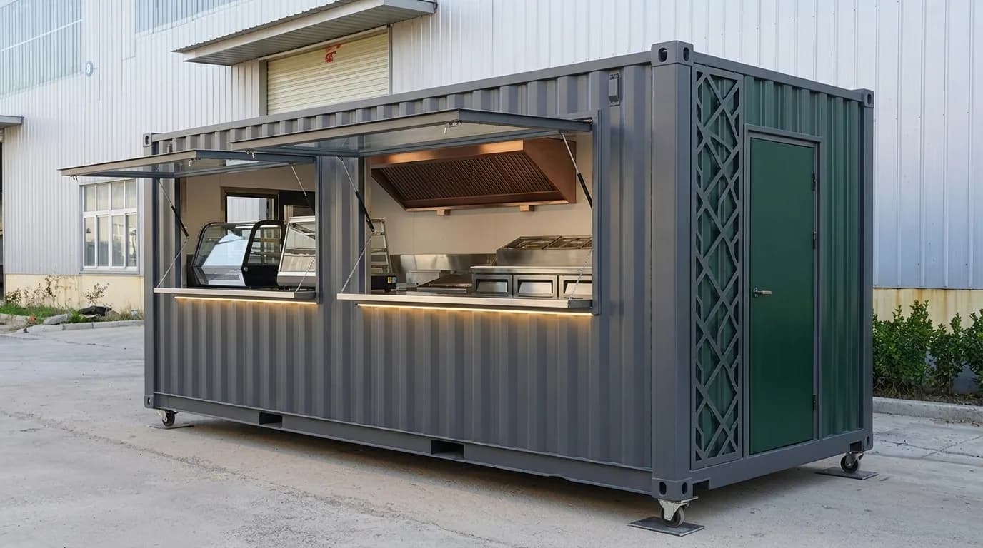 20ft container cafe with fold-out serving counter by Porta Cabin Systems