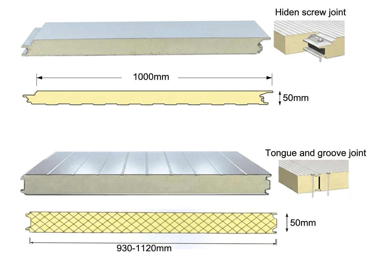 Cross-section of a 50mm PUF sandwich panel with PPGI sheets