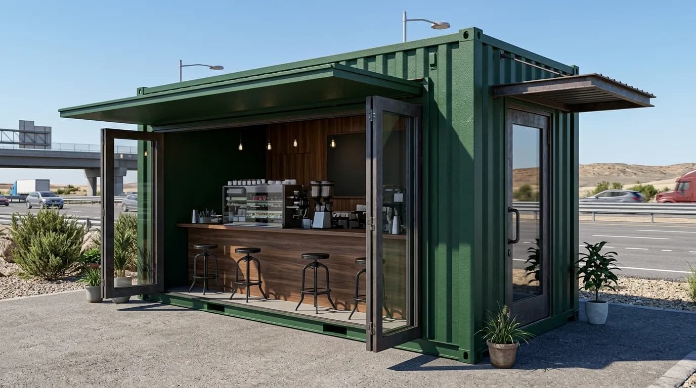 Brightly branded container coffee shop at a highway location in India