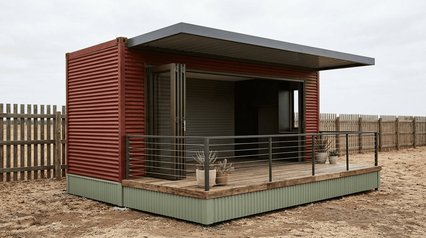 Portable 1BHK farmhouse with verandah installed on farmland by Porta Cabin Systems