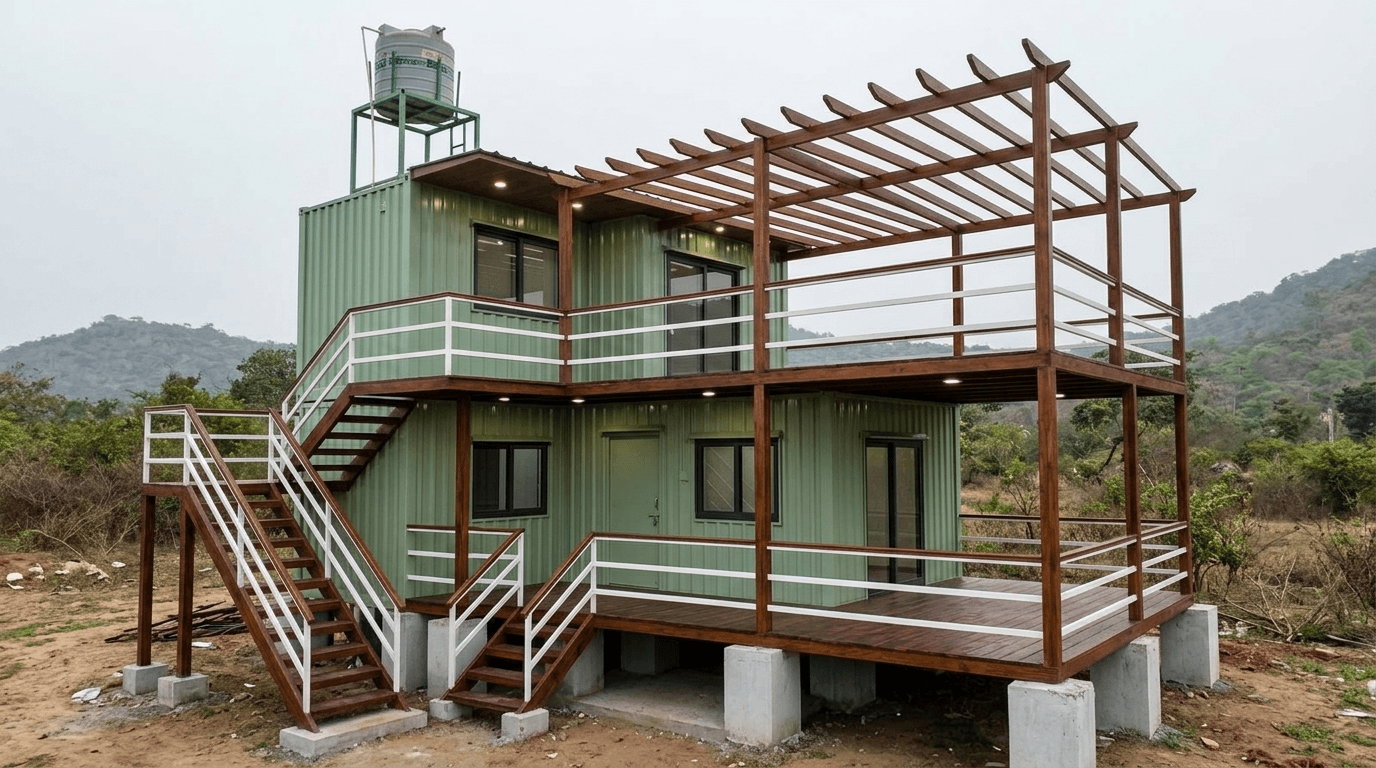 2BHK portable farmhouse with deck and pergola at sunset
