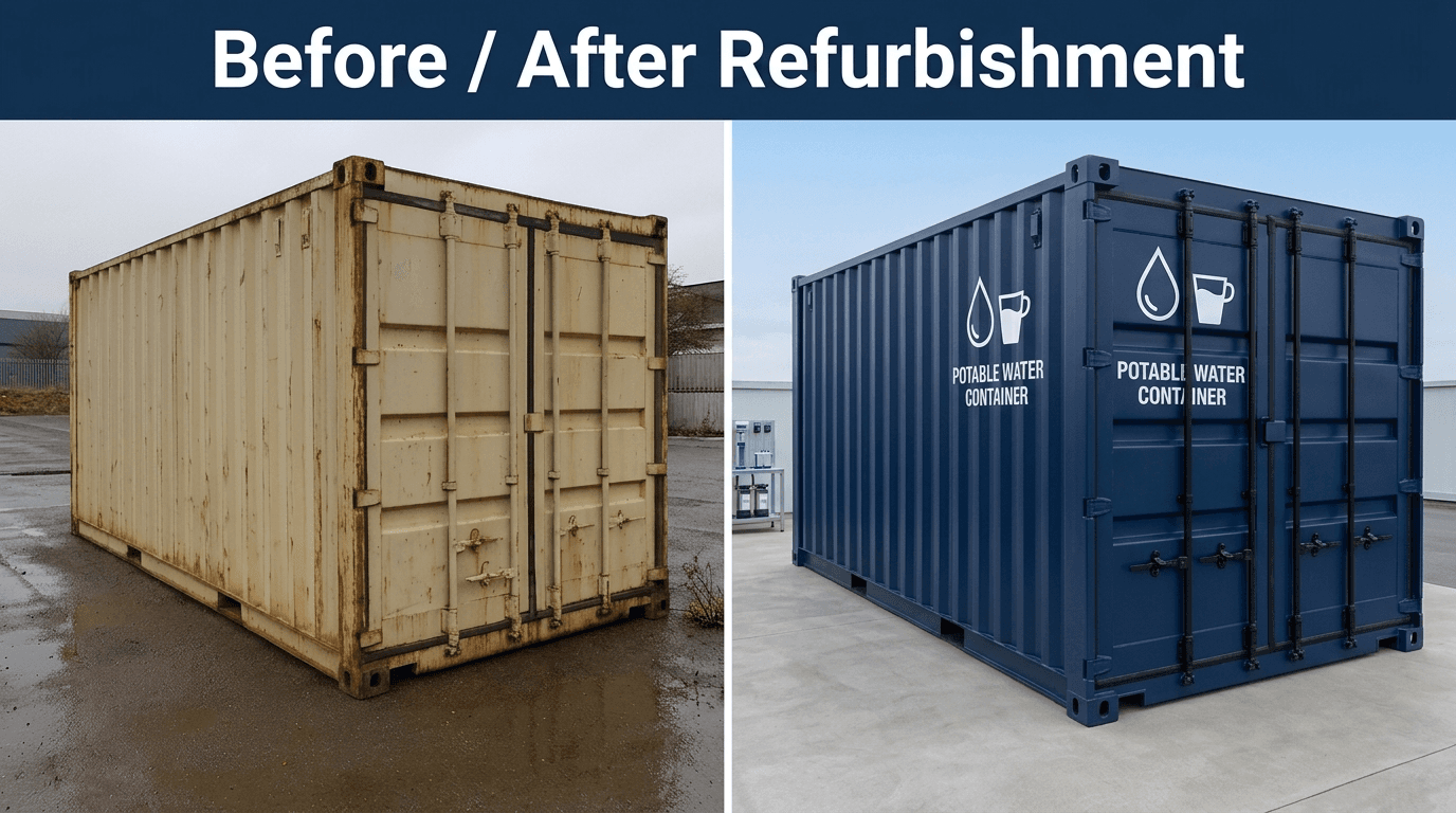 Before and after refurbishment of a second-hand portable cabin