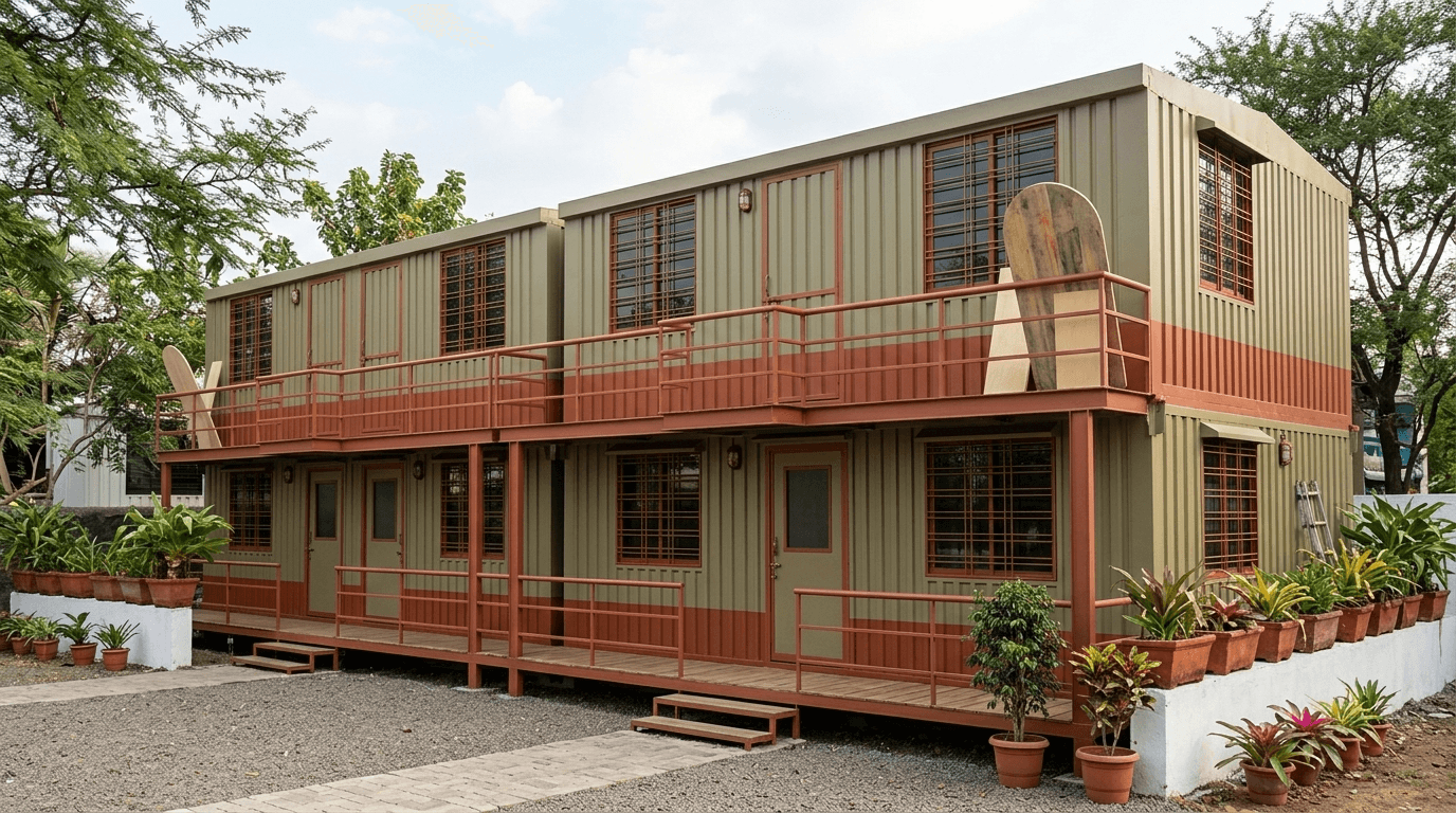 Portable labour bunk house accommodation row with covered verandah