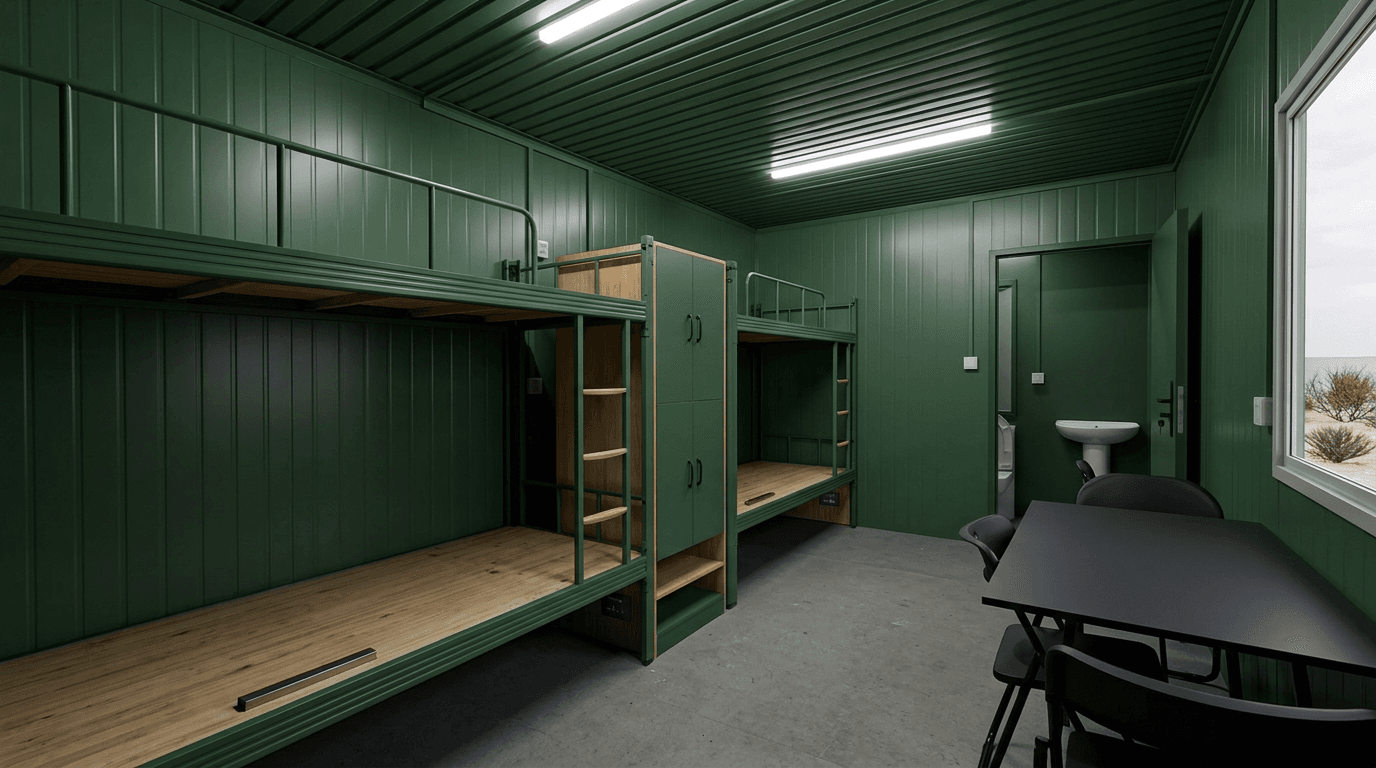 Portable dormitory interior with bunk beds, individual lockers and charging points