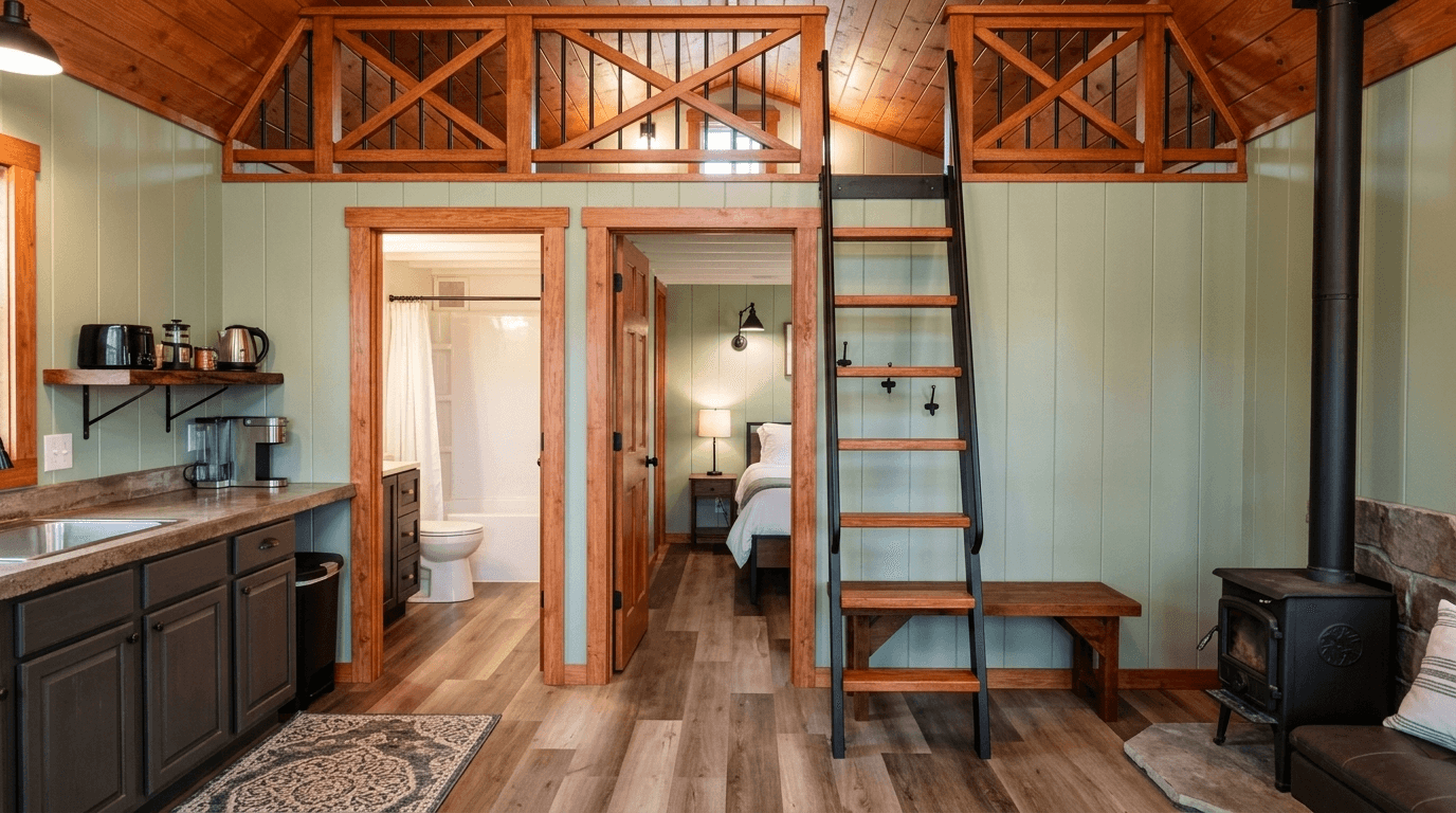 Living room interior of a readymade portable farmhouse with wooden finish