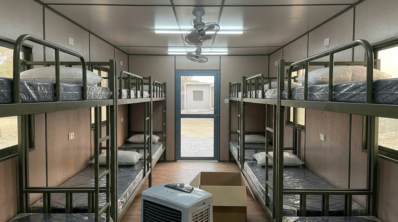 Portable labour accommodation interior with bunk beds