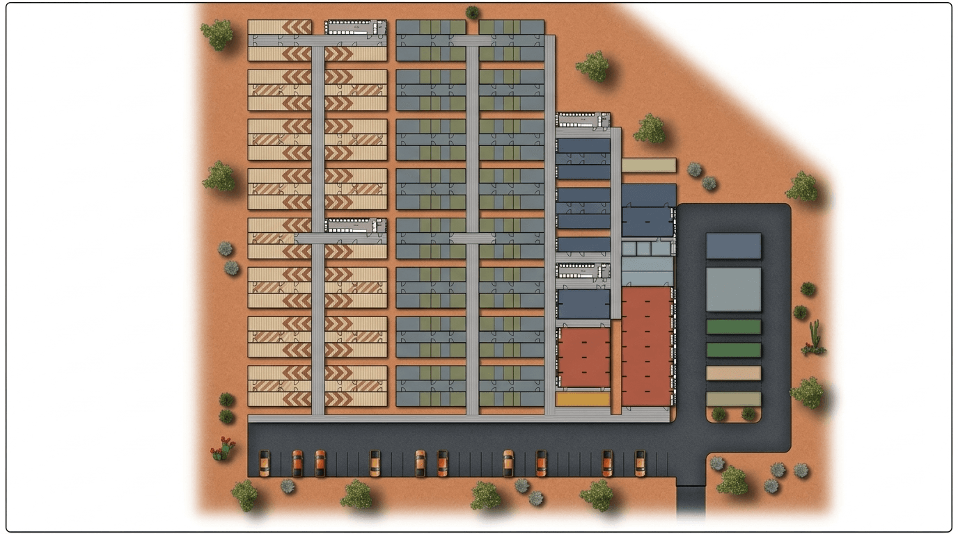 Portable labour colony layout with accommodation rows, washrooms and mess facilities