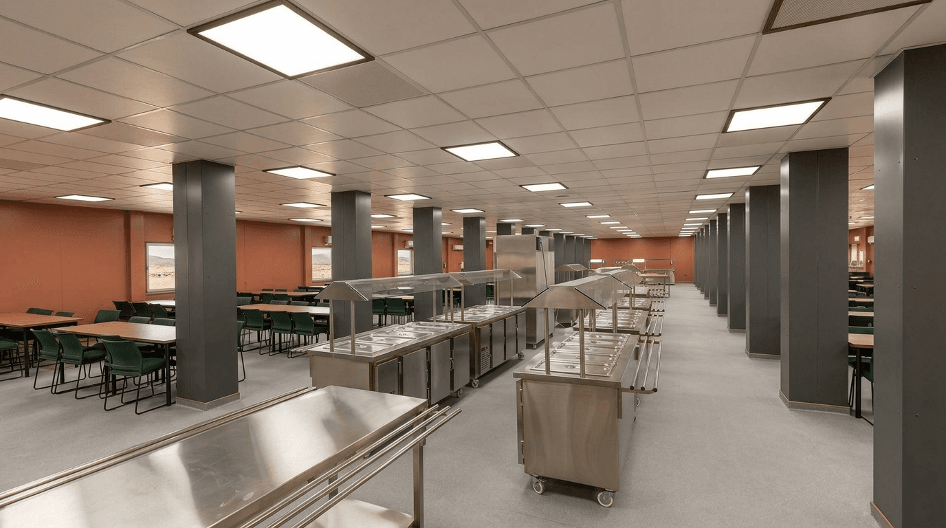 Portable labour colony mess hall with dining tables, serving counter and kitchen