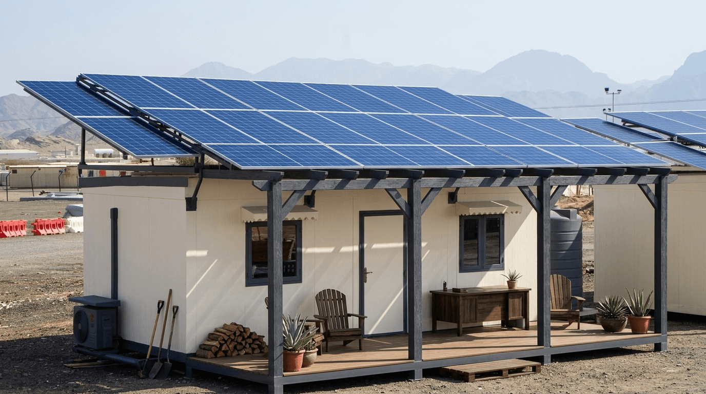 Portable farmhouse cabin with solar panels for off-grid living