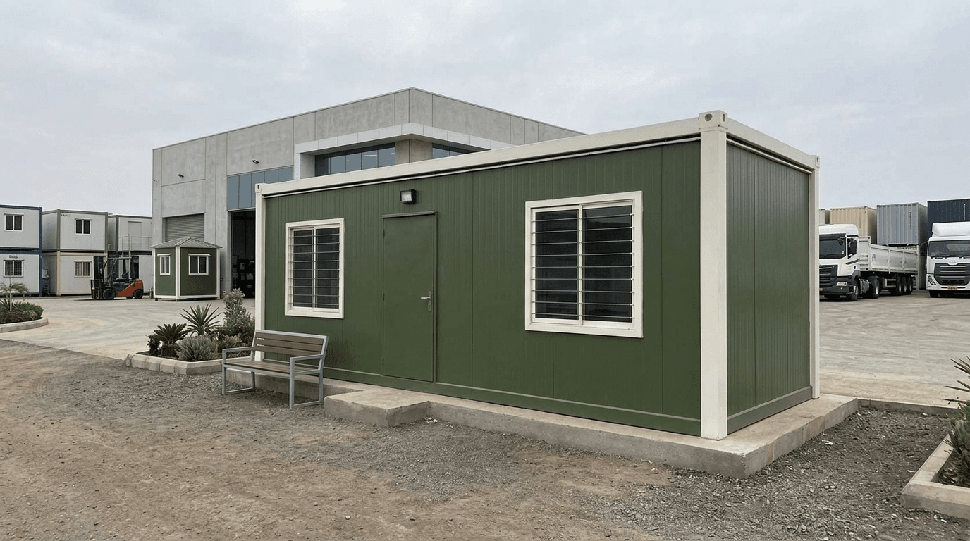 Portable cabin rental fleet arranged in the company yard