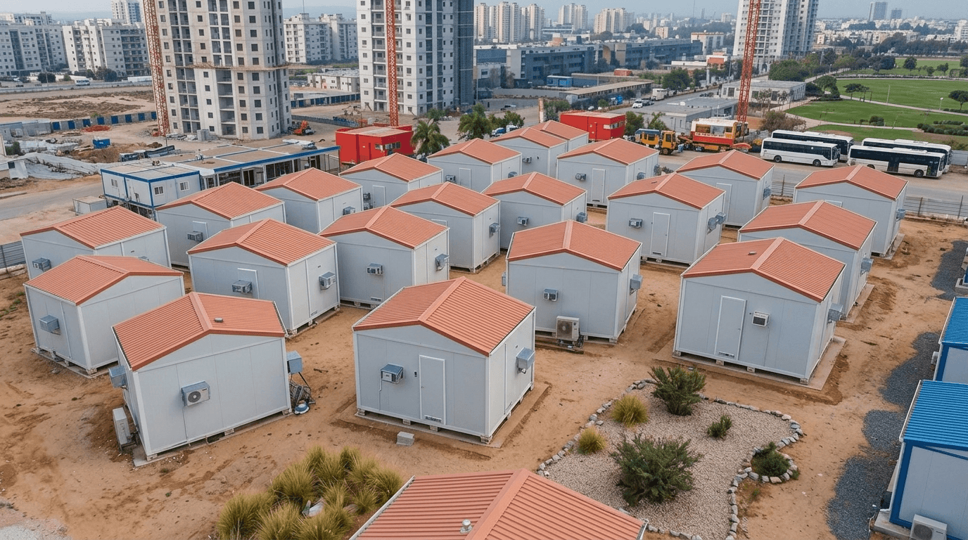 Aerial view of a portable labour colony with accommodation rows and shared facilities
