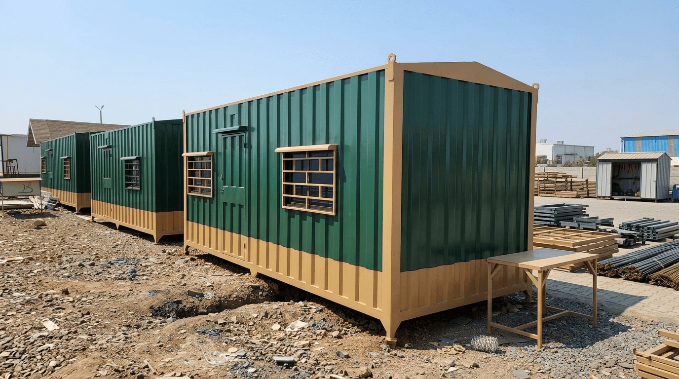 Second-hand portable cabins in stock yard ready for sale