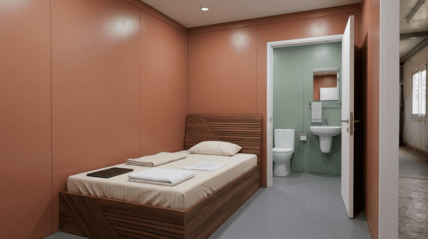 Portable staff quarters interior with attached bathroom