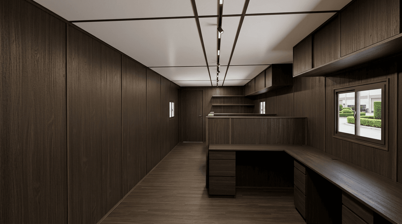 Refurbished used container office with newly finished interiors
