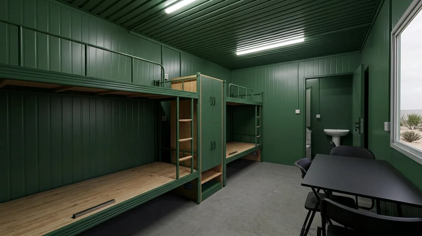 Portable dormitory interior with bunk beds, individual lockers and charging points