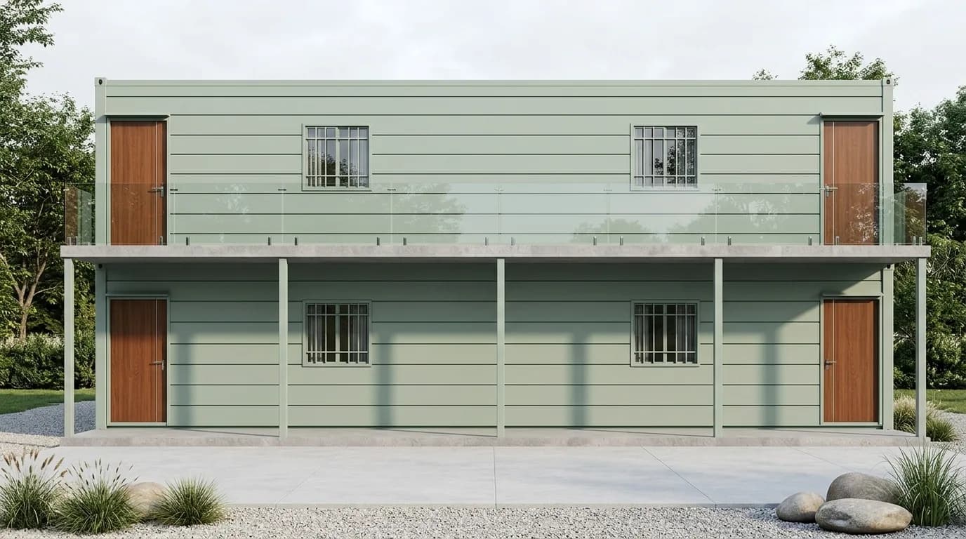 Double-stacked shipping container office building at an industrial site in India