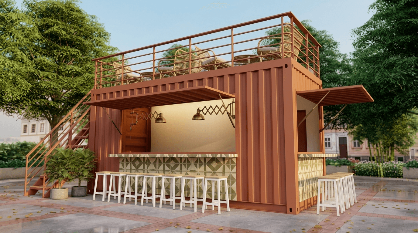 Double-storey container cafe with rooftop seating and string lights