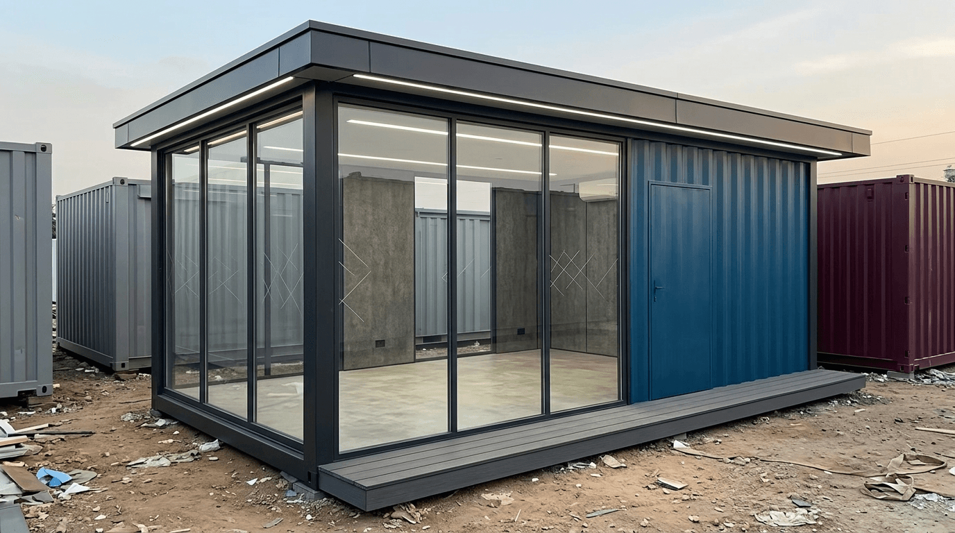 Glass-elevation portable showroom for an EV brand by Porta Cabin Systems