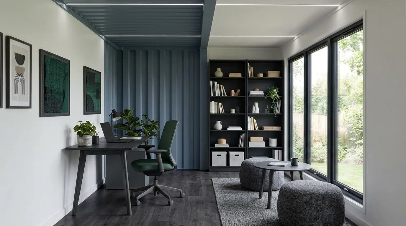 Interior of an insulated shipping container office with workstations