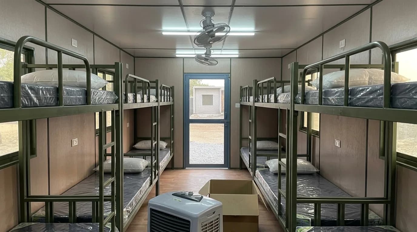 Portable labour accommodation interior with bunk beds