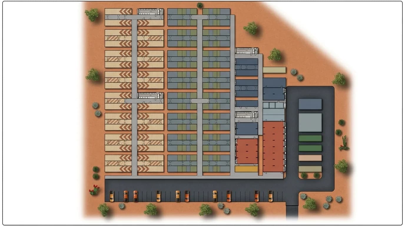 Portable labour colony layout with accommodation rows, washrooms and mess facilities
