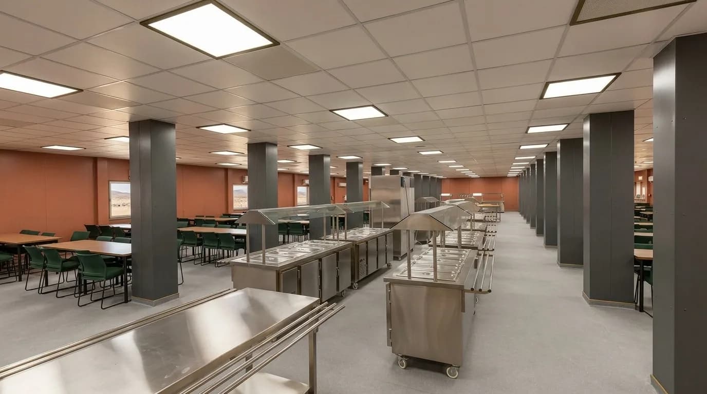 Portable labour colony mess hall with dining tables, serving counter and kitchen