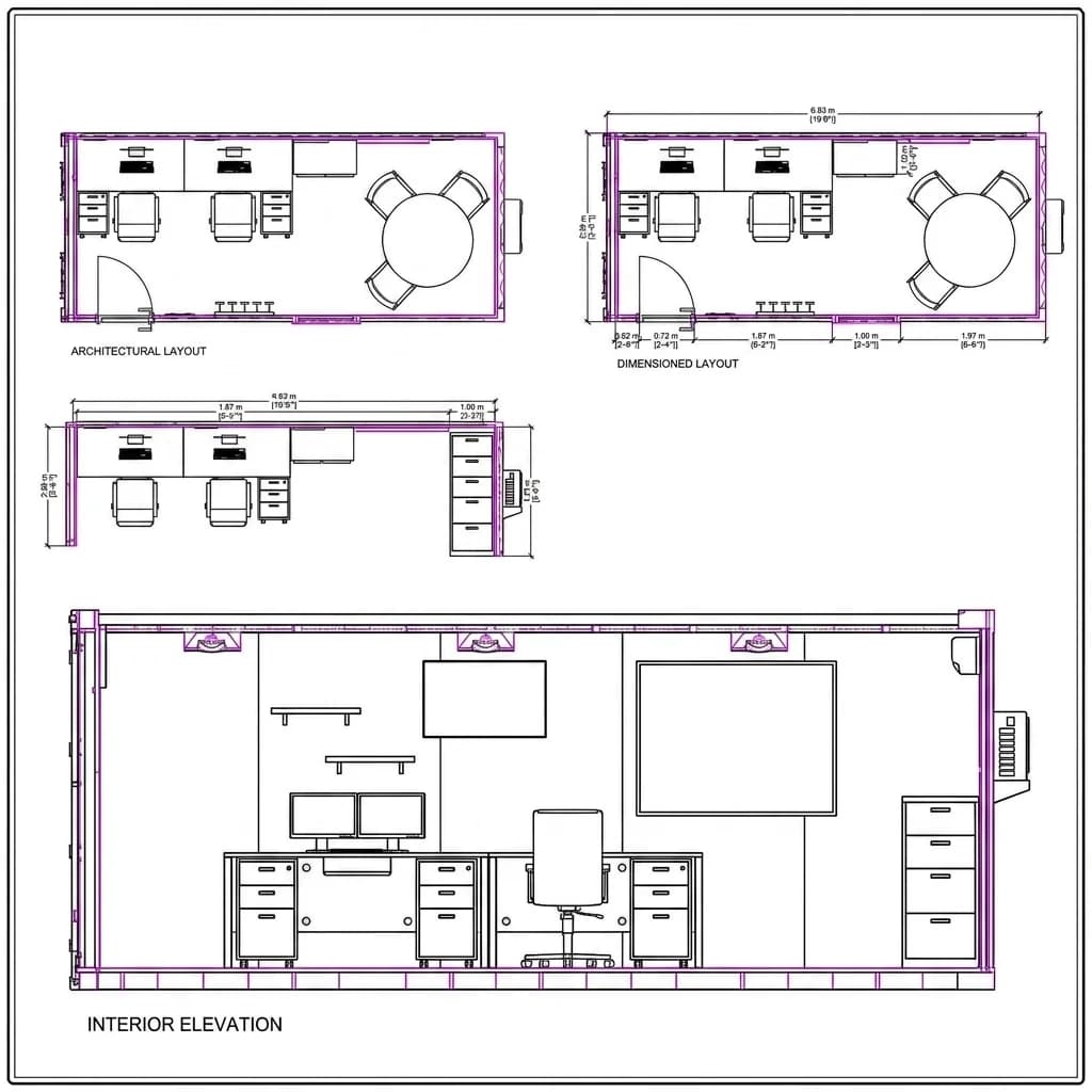 Engineer cabin interior with drawing table and plan racks