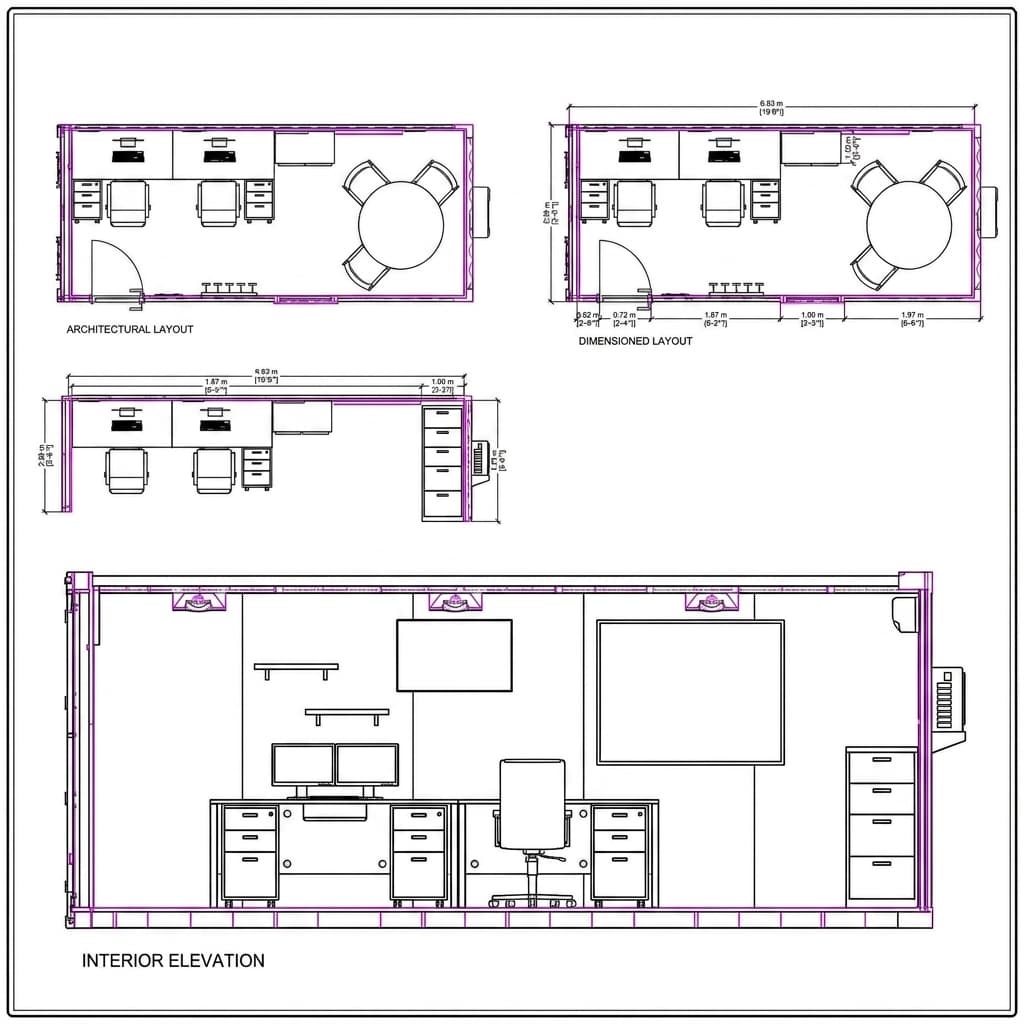Engineer cabin interior with drawing table and plan racks