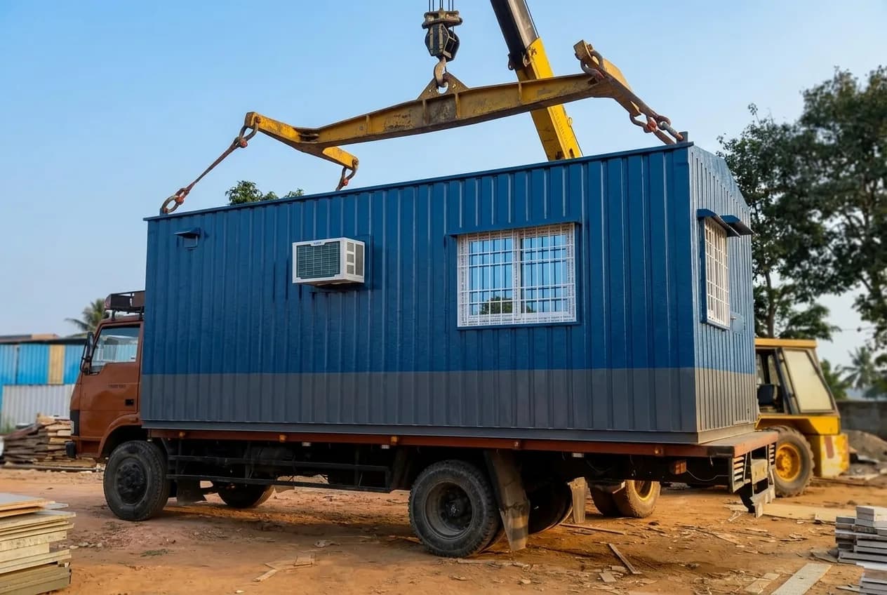 Site office container being relocated to a new project by crane
