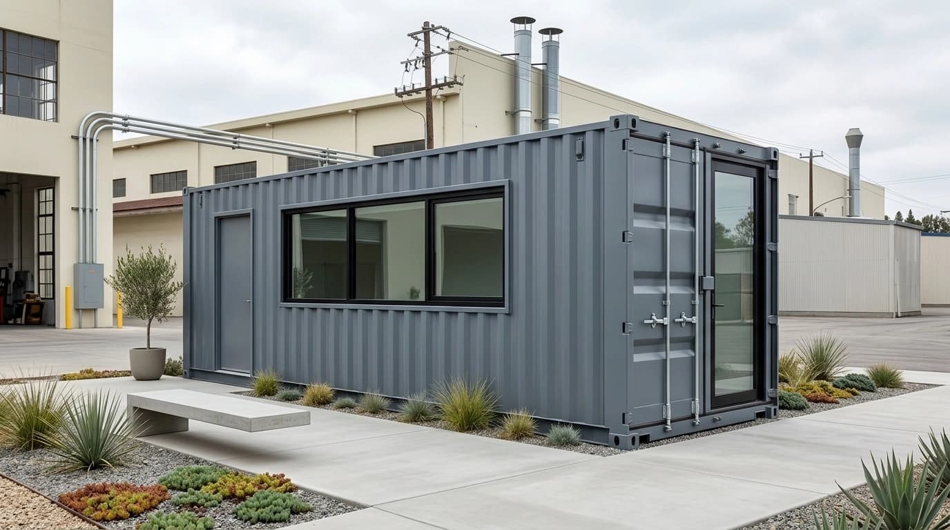 Grey steel cargo container at a three-quarter angle with a long side window, a personnel door and a glazed end door