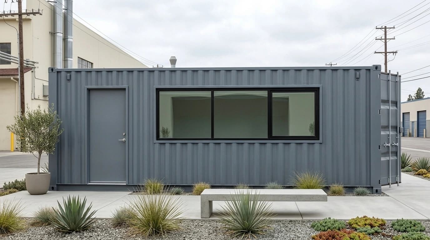 Side elevation of a grey corrugated steel container with a personnel door and a wide three-pane window