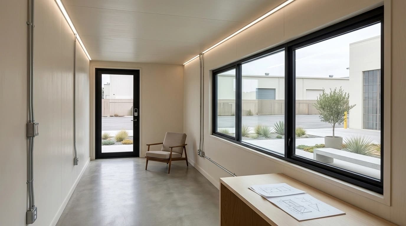 Long, narrow fitted interior with LED strip lighting, panelled walls, a large black-framed window, a wooden desk, an armchair and a glazed door