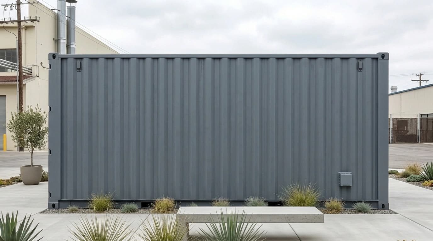 Corrugated steel side wall of a grey cargo container with no doors or windows, only a small wall-mounted box