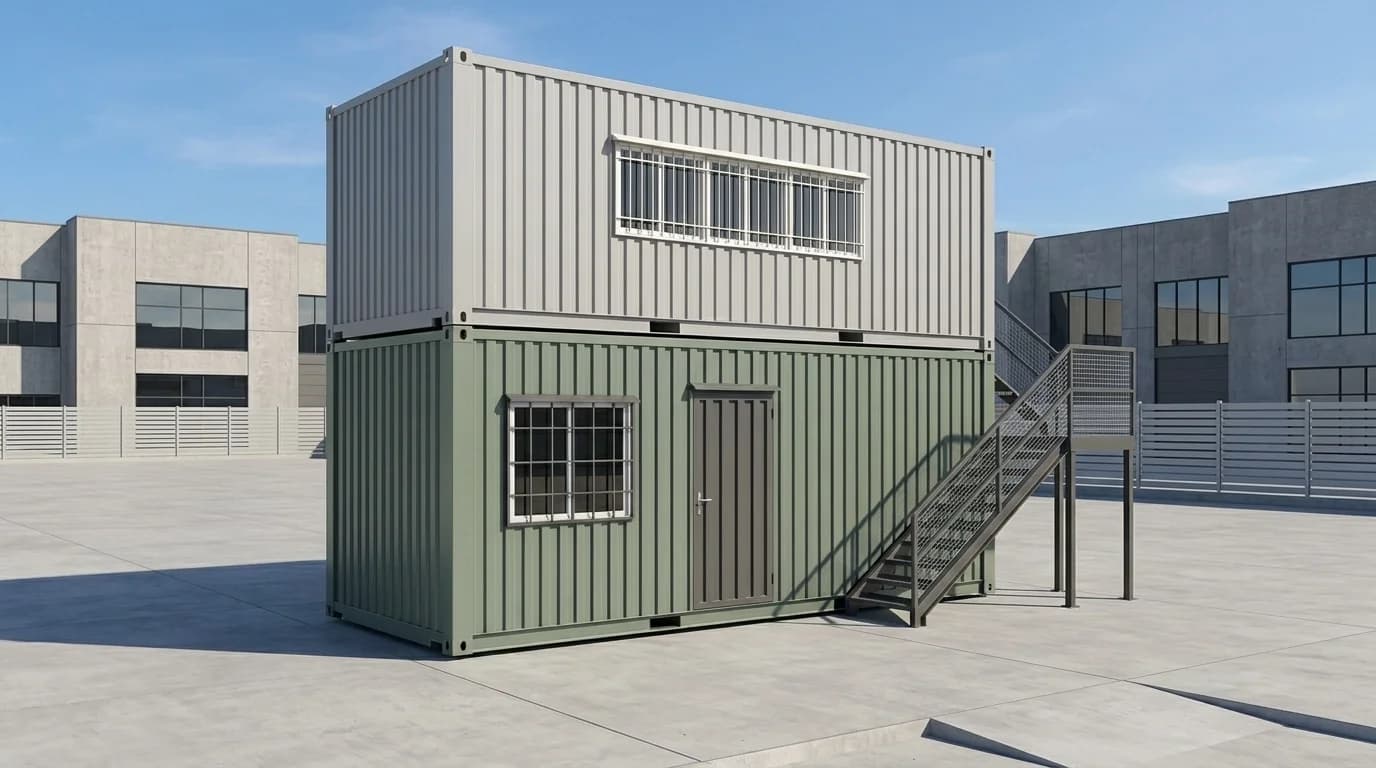 Two corrugated steel cabin modules stacked as a G+1 office, a green ground floor with a door and window below a grey upper floor, with an external steel staircase and landing