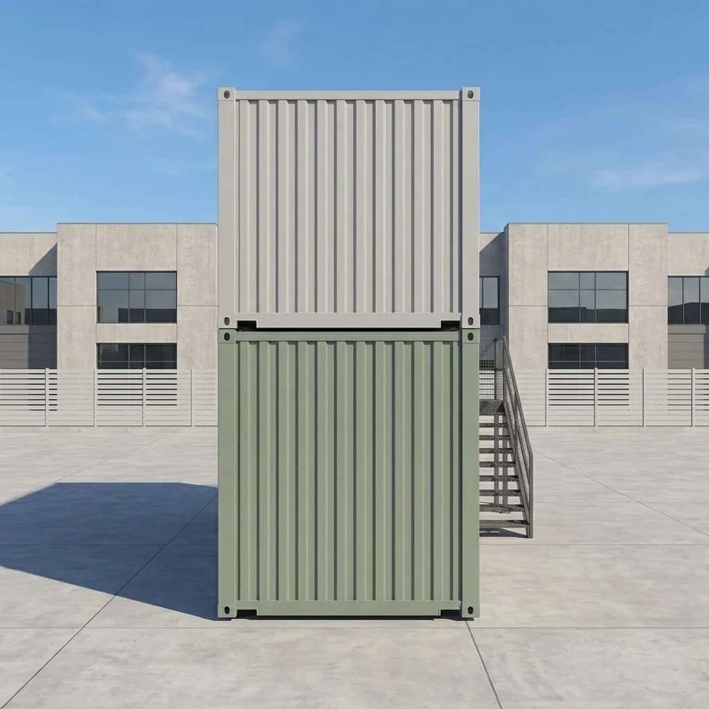 End view of a stacked G+1 cabin: a grey corrugated upper module resting on a green ground-floor module, with a steel staircase at one side