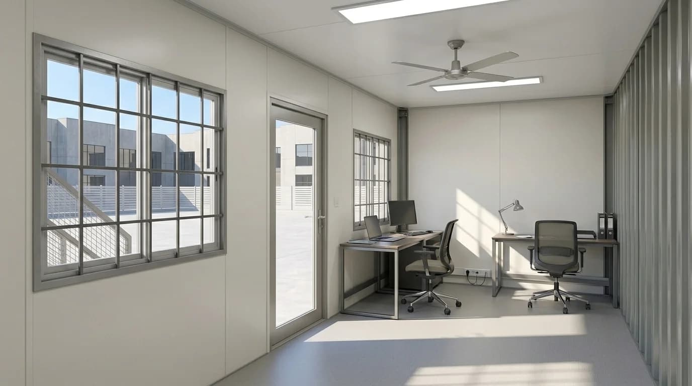 Office interior with two desks, chairs and a monitor, a glazed door and barred windows, with an external staircase visible through the window