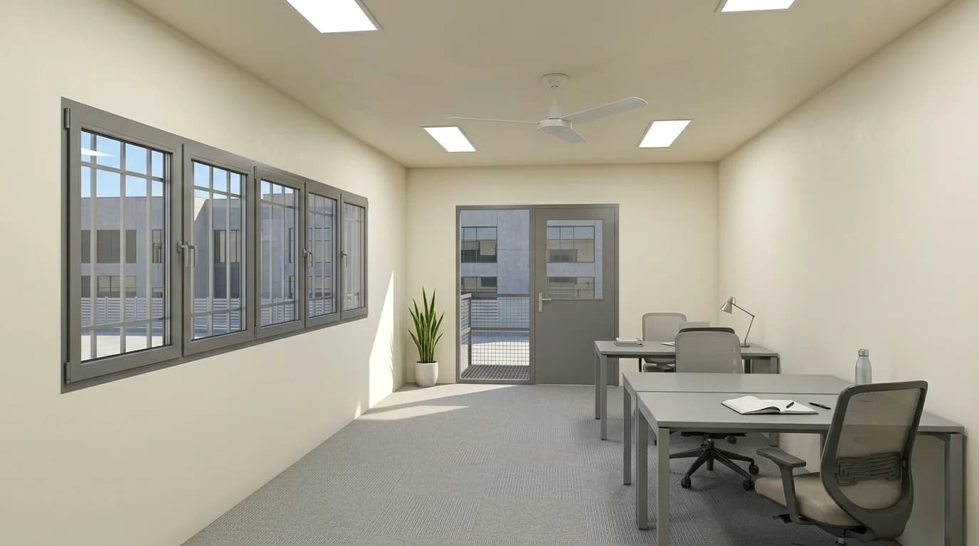 Office interior with desks and chairs, a row of windows, panel lights, a ceiling fan and a door opening onto a mesh-floored landing with railings