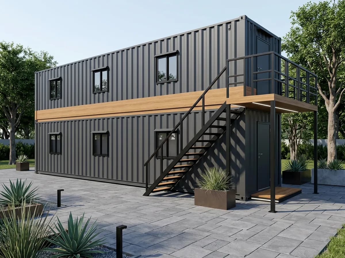 Design visualisation of a two-storey cabin from a front corner: two dark grey corrugated steel modules stacked with a wood-effect band between the floors, and an external black staircase rising to a railed landing outside the upper door