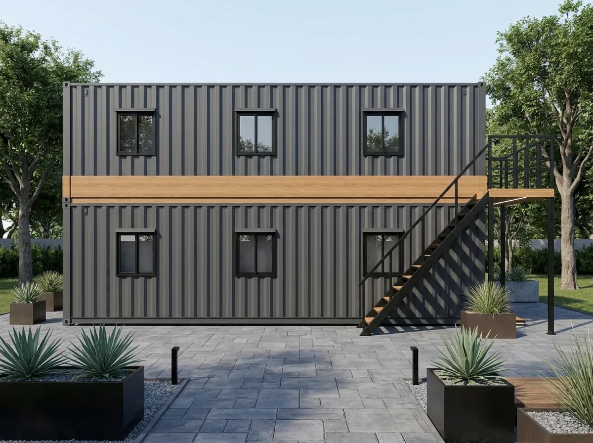 Design visualisation of the same two-storey cabin head-on, with three windows on each floor, a wood-effect band between the floors and the staircase and landing at the right-hand end, on a paved courtyard with planters