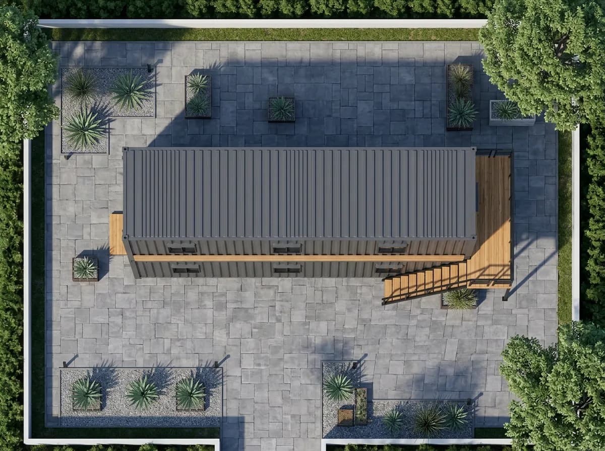 Design visualisation of the two-storey cabin seen from directly above, showing the corrugated roof of the upper module and the staircase with a wood-decked landing at one end, in a walled, paved courtyard