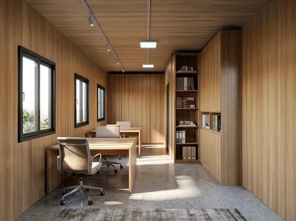 Design visualisation of a cabin interior set up as an office, with wood-panelled walls and ceiling, track lights, two desks with office chairs, full-height shelving holding files and black-framed windows