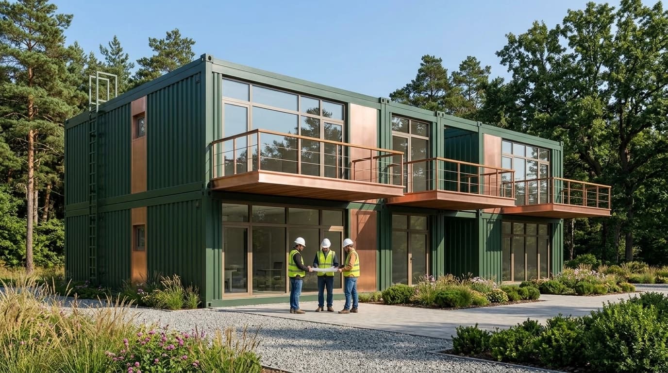 Two-storey green container-style building with copper-coloured panels, glazed fronts and three balconies, with three people in hard hats reviewing a drawing outside