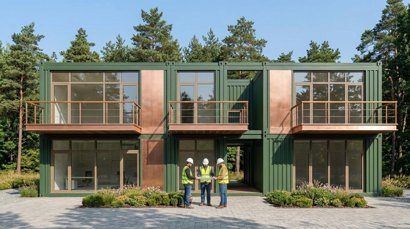 Front elevation of a two-storey green container-style building with copper-coloured panels, full-height windows and three balconies