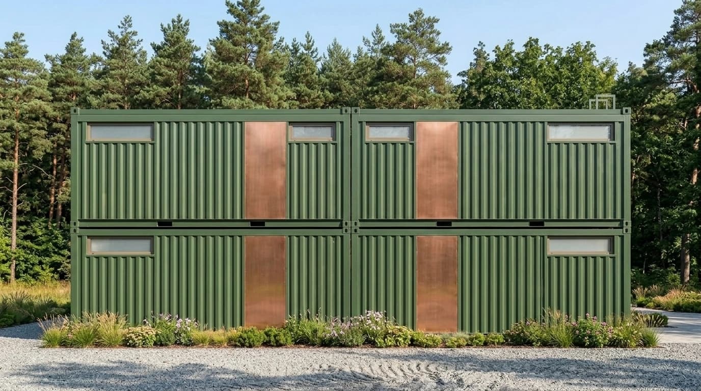 Long wall of a two-storey building made of four stacked green corrugated units with copper-coloured panels and small high windows