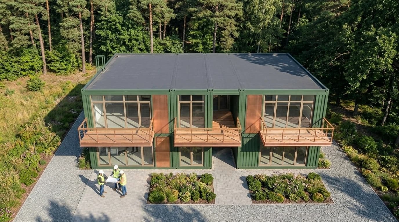 Two-storey green container-style building seen from above, with a flat dark roof, three balconies, paved paths and planted beds