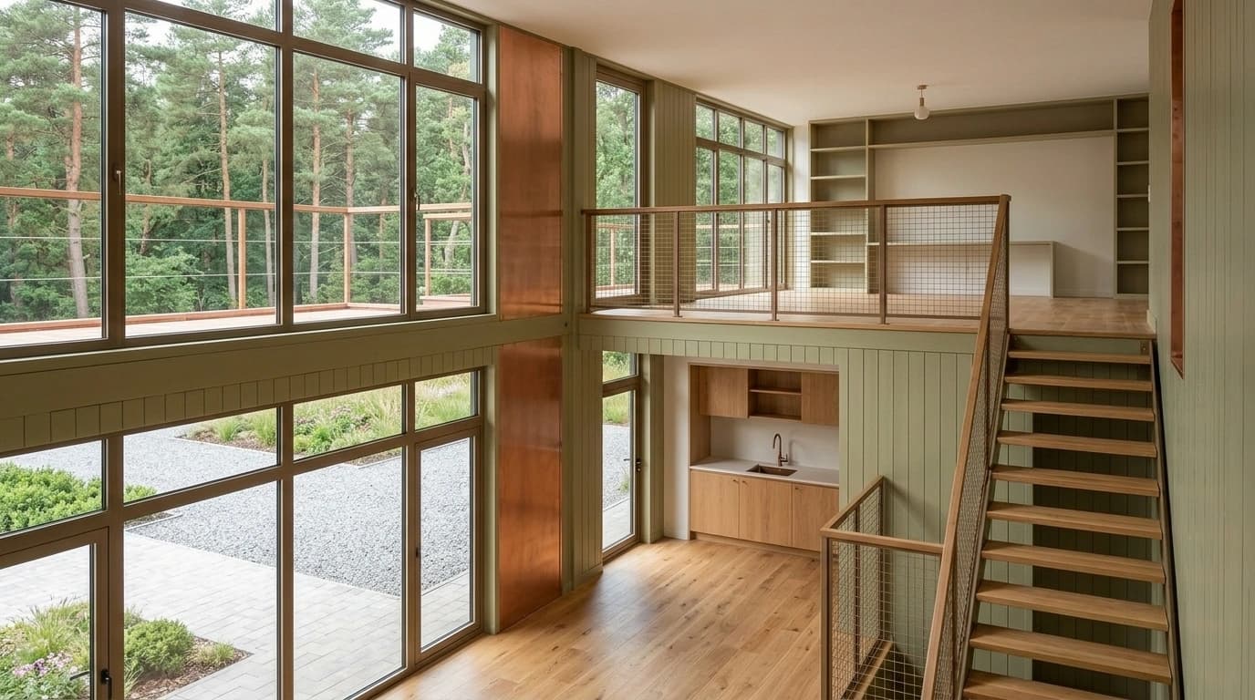Double-height interior with tall windows, wood flooring, a small kitchenette, an open timber staircase and a mezzanine with shelves