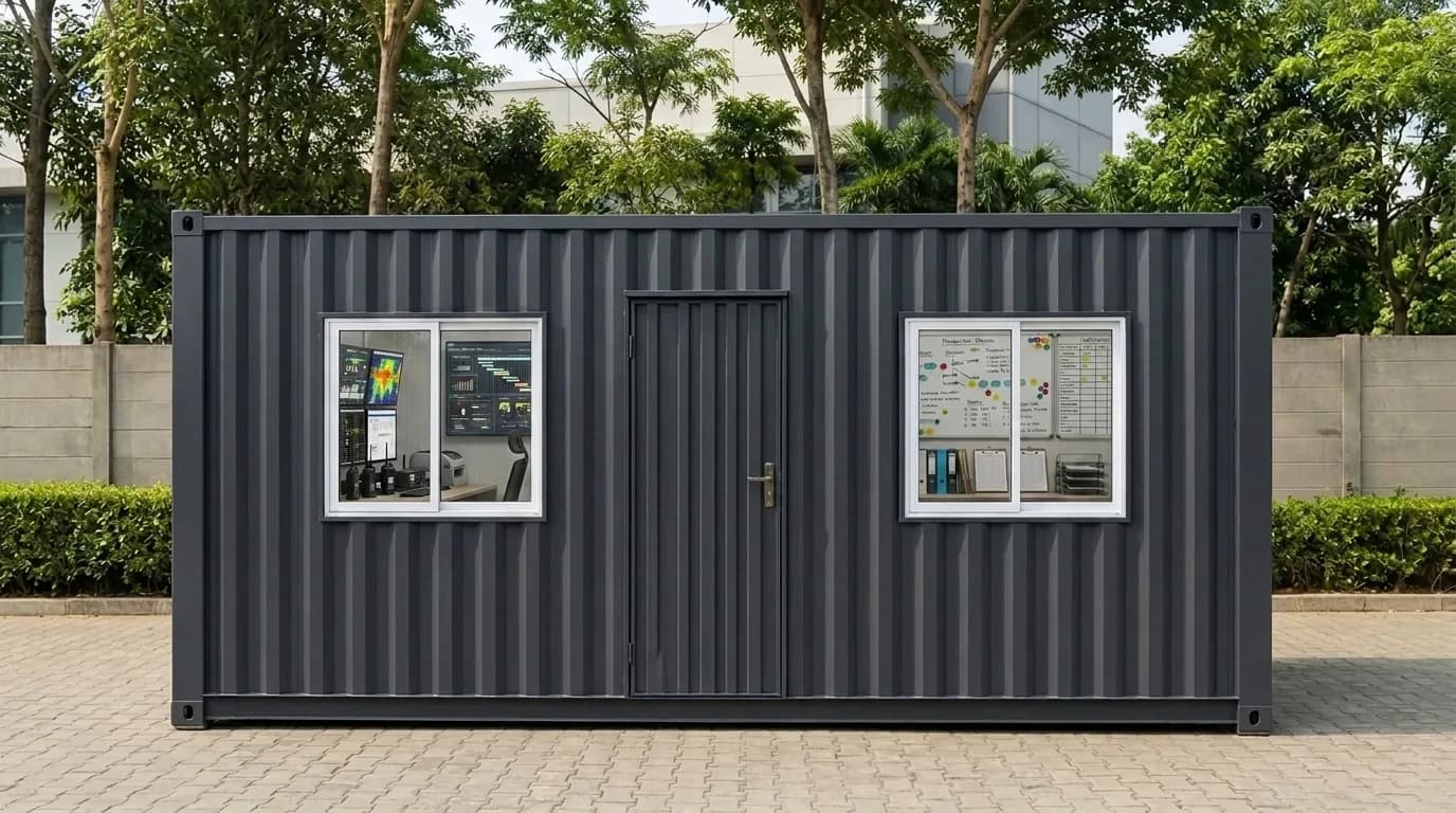 A dark grey shipping container converted into an office, with two sliding windows and a personnel door in the side, standing on a paved yard with trees and a building behind