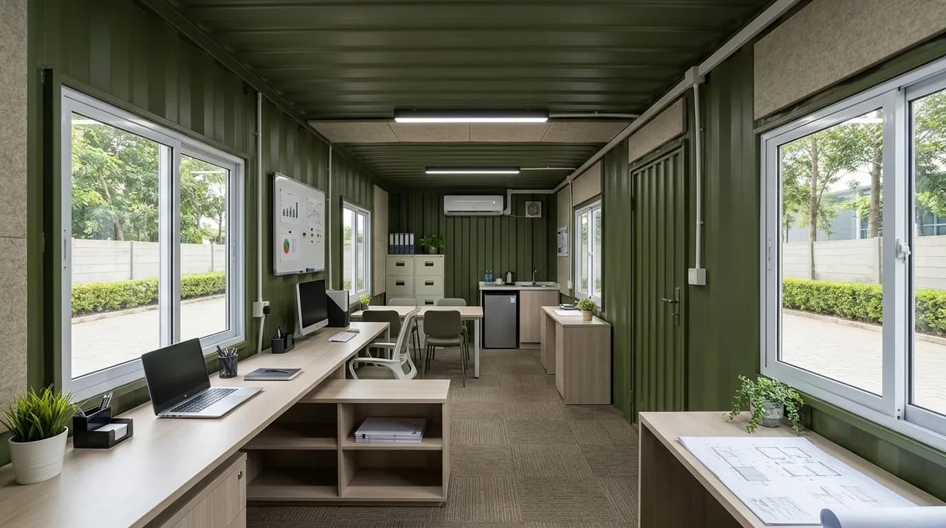 Interior of a converted container office lined in green, with a desk run along the window wall, a meeting table, filing cabinets, a wall-mounted cooling unit and a small pantry counter