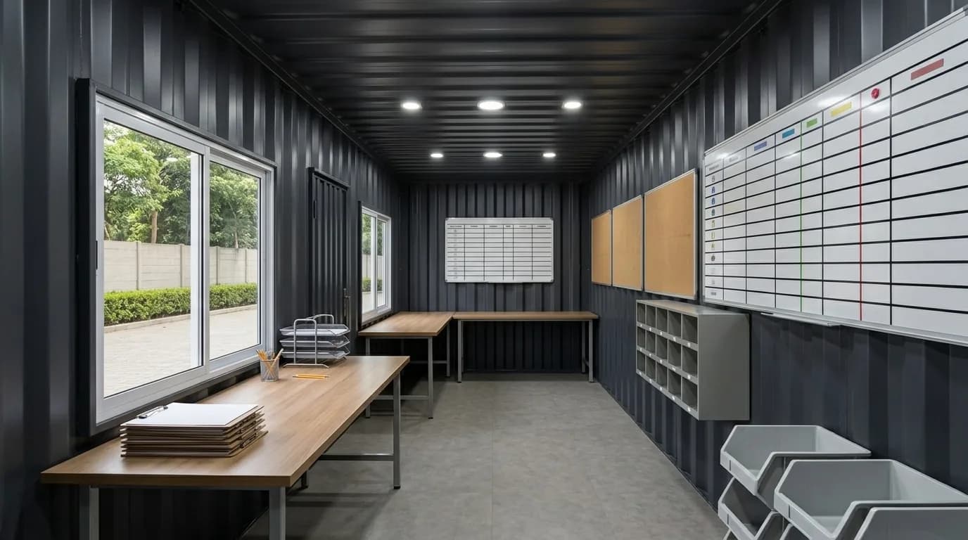 Interior of a converted container fitted as a coordination room, with long bench tables, planning boards on the wall, a pigeon-hole rack and stacking parts bins