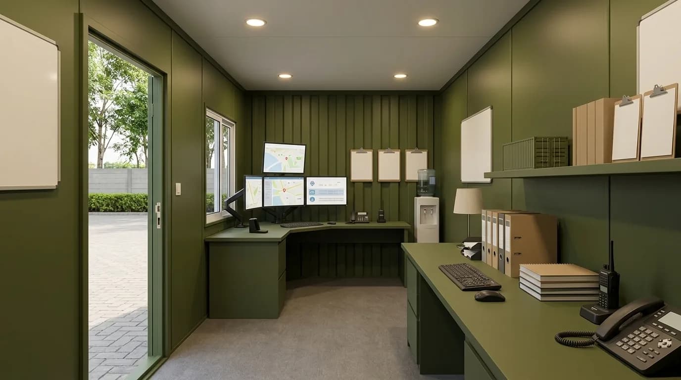 Interior of a converted container office lined in olive green, with a corner desk carrying monitors and a telephone, wall shelving with box files, and a water dispenser by the door